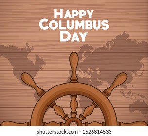half ship rudder icon over world brown background. Happy Columbus day colorful design, vector illustration