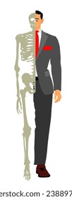 Half skeleton half man in suite vector illustration isolated. Elegant business man in suite tie and shoes. Handsome male. Bone structure. Half man half robot artificial intelligence robot. Android man