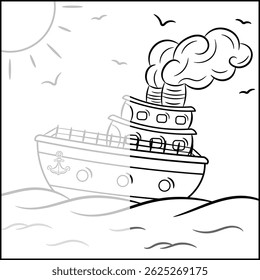 half sketch cartoon ship coloring page with ocean and sun for kids guided sketch stroke outline style