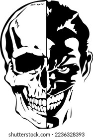 half skull face and half joker