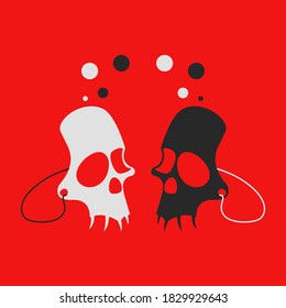 Half skull face masks facing each other. Flat style abstract illustration. 