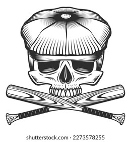 Half skull in flat cap with baseball bat club emblem design elements template in vintage monochrome style isolated vector illustration
