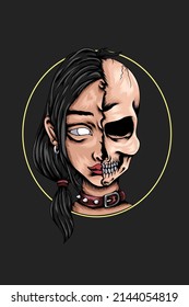 Half skull girl vector illustration