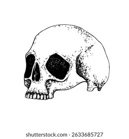 Half skull human profile Graphic illustration with white plate. Gothic's style concept for Halloween design, Day of the Dead, for textile, packaging, stationery, apparel. Black hand drawn vector.