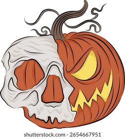 Ilustração de abóbora meia caveira e meia Jack-o'-lanterna para Halloween