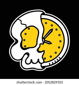 Half of skull with time clock  inside tee,t-shirt print. Vector hand drawn line 70s style cartoon character illustration. Trippy half skull, time,clock,death print for t-shirt,poster,card concept
