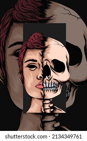 Half skull woman vector illustration