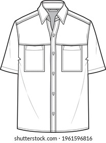 Half sleeve men shirt with front pockets flat sketch illustration