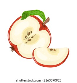 Half and slice of apple isolated on white background. Label with cut red apple. Sliced apple with green leaf icon. Fresh fruit slice and piece. Stock vector illustration
