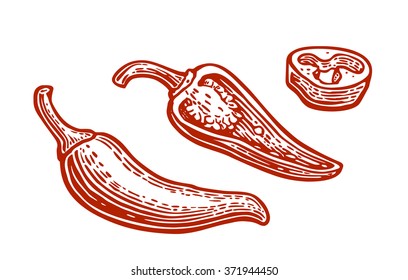 Half and slice chili. Engraving vintage vector red illustration. Isolated on white background. Hand drawn design element for label and poster