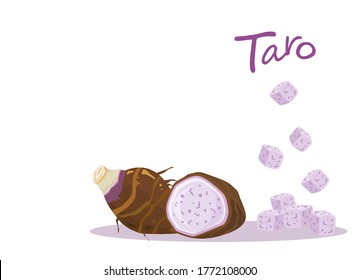 Half and slice with cubes of taro root isolated on white background. Vector illustration.