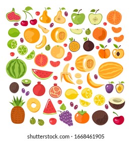 Half slice cut and whole fruits isolated set.  Vector flat graphic design illustration