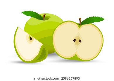 A half slice fresh green apple and vibrant green apple, fresh and crisp, An apples with a perfectly sliced half, revealing its pale, creamy interior, vector, illustration