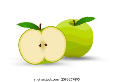 A half slice fresh green apple and vibrant green apple, fresh and crisp, sits alongside a perfectly sliced half, revealing its pale, creamy interior, vector, illustration