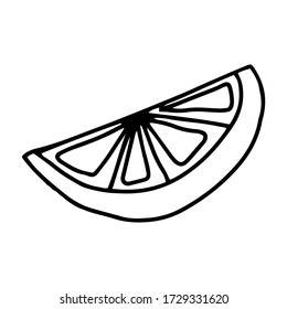 Half a slice of lemon, orange, grapefruit drawn in the style of Doodle.Outline drawing by hand.Black and white image of fruit.Monochrome fruit pattern.Vector illustration