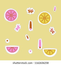 Half of  slice  lemons, slice lemons, star anise, cinnamon, doodles,dashed lines, labels pattern. Hand drawn.