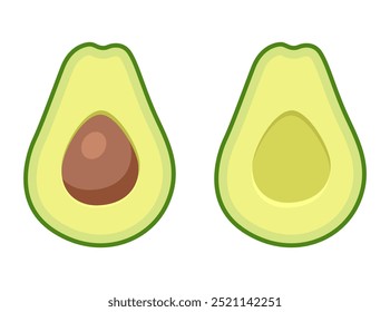 half sliced avocado simple cartoon vector illustration isolated on white background , with and without pit