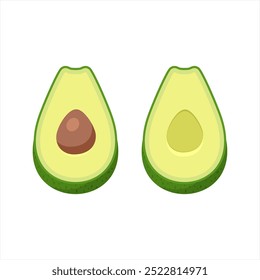  Ilustración vectorial simple de la historieta del aguacate cortado a medias aislada en el fondo blanco, con y sin la fosa