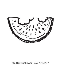 Pieza de sandía mordida a medio cortar con semillas en textura de pincelada negra aislada en blanco. Dibujado a mano ilustración de boceto de Vector en tinta de carbón vintage. Impresión de la ropa del verano, diseño del menú