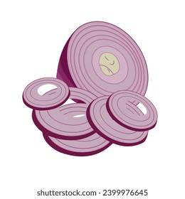 Half and sliced red onions isolated on white background Vector cartoon illustration