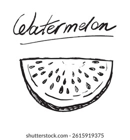 Half sliced watermelon piece with seeds in black brush stroke texture isolated on white. Hand drawn vector sketch illustration in vintage charcoal ink. Summer clothes print, menu design