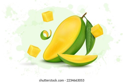 Half slices of green Mango with Mango slices and cubes vector illustration