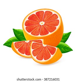 Half and slices red orange fruit with leaf isolated on white background. Realistic vector illustration.