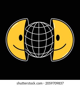 Half Of Smile Face With Globe Earth Sphere Grid Inside.Vector Hand Drawn Line Style Cartoon Character Logo Illustration.Trippy Smiley Smile Psychedelic Face,earth Spere Planet Meridian Grid Concept