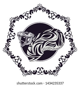 half snake with tribal pattern drawn in black and white tattoo icon in round icon flower hexagonal arrangement vector illustration graphic design