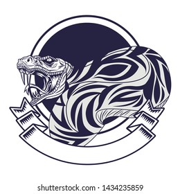 half snake with tribal pattern drawn in black and white tattoo icon into a round icon and ribbon banner vector illustration graphic design