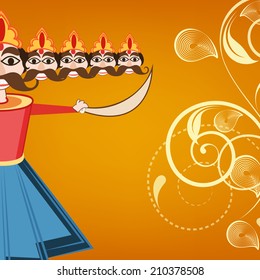 Half statue of Ravana with his five laughing heads and holding sword in his hands on shiny floral decorated background for Dussehra celebrations. 