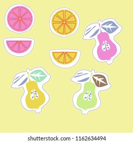 Half of stylized  pears, lemons, dotted lines, labels pattern. Hand drawn.
