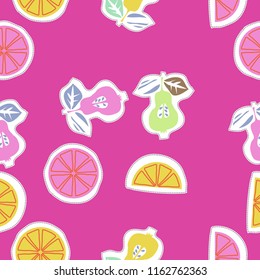 Half of stylized  pears, lemons, dotted lines, labels seamless  pattern. Hand drawn.