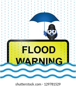 Half submerged flood warning sign with rain falling