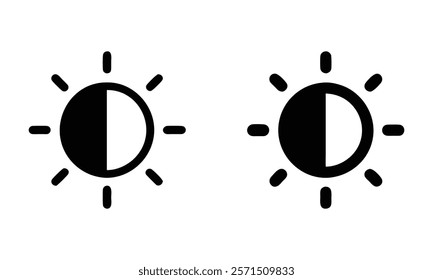 Half sun contrast icon set, A pair of black icons featuring a half sun design with contrasting light and shadow, symbolizing balance, daylight, and phases. 
