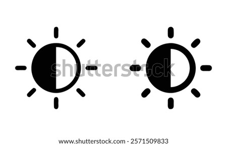 Half sun contrast icon set, A pair of black icons featuring a half sun design with contrasting light and shadow, symbolizing balance, daylight, and phases. 
