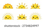 Half Sun with faces clipart set. Half Sun with faces flat drawing icon clip art in cute and happy smile sunrise and sunset Sun characters collection vector illustration.
