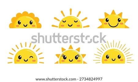 Half Sun with faces clipart set. Half Sun with faces flat drawing icon clip art in cute and happy smile sunrise and sunset Sun characters collection vector illustration.
