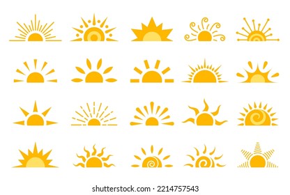 Half sun flat icon set. Logo sunrise sunset isolated on white. Various yellow sunshine star. Cartoon summer sunlight nature sky. Simple graphic solar circle sign. Sunny heat rays weather app symbol