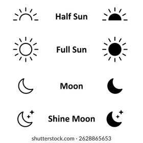 Medio sol. Lleno, sol, luna, brillar iconos de la luna.