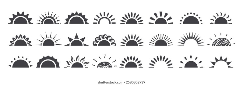 Half sun icon clipart set. Black sun clip art with variety of sunrays in hot summer sunrise and sunset  flat logo collection vector illustration.
