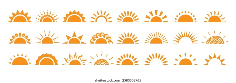 Half sun icon clipart set. Yellow sun clip art with variety of sunrays vector illustration summer logo and symbol collection.
