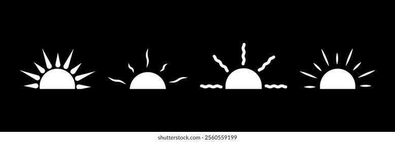 Half sun icon set. White half sun icon with black background. 