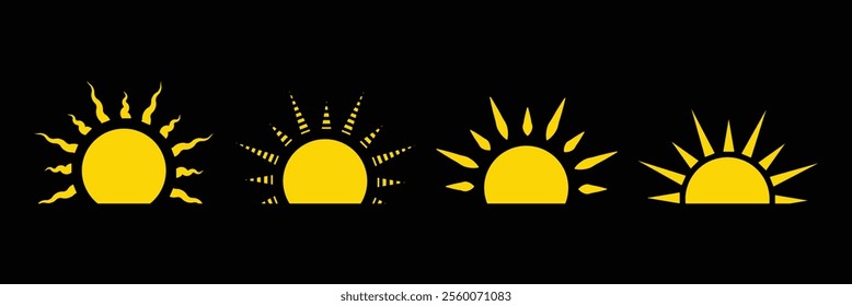 Half sun icon. Yellow sun icon set, sunshine and solar glow, sunrise or sunset. Decorative circle full and half sun and sunlight. Hot solar energy for tan. Vector sign. EPS 10.