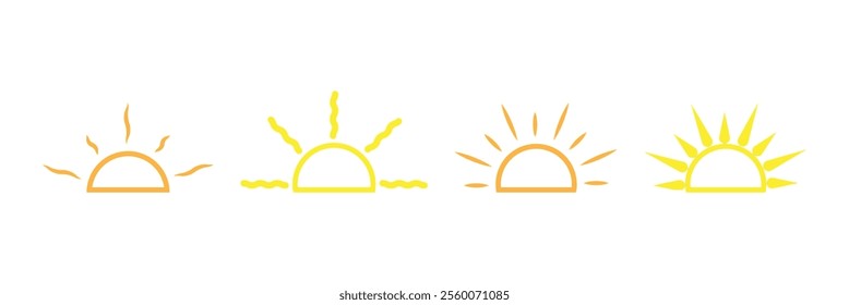 Half sun icon. Yellow sun icon set, sunshine and solar glow, sunrise or sunset. Decorative circle full and half sun and sunlight. Hot solar energy for tan. Vector sign. EPS 10.