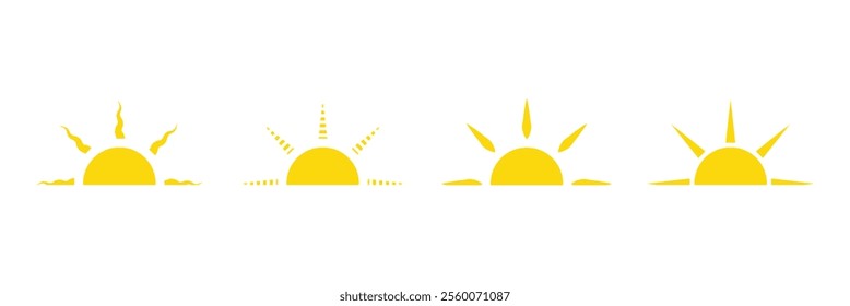 Half sun icon. Yellow sun icon set, sunshine and solar glow, sunrise or sunset. Decorative circle full and half sun and sunlight. Hot solar energy for tan. Vector sign. EPS 10.