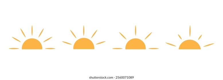 Half sun icon. Yellow sun icon set, sunshine and solar glow, sunrise or sunset. Decorative circle full and half sun and sunlight. Hot solar energy for tan. Vector sign. EPS 10.