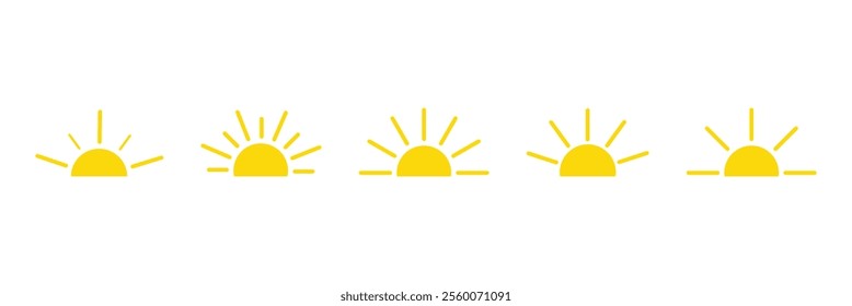 Half sun icon. Yellow sun icon set, sunshine and solar glow, sunrise or sunset. Decorative circle full and half sun and sunlight. Hot solar energy for tan. Vector sign. EPS 10.