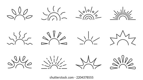 Half sun line icon set. Sunrise sunset logotype isolated on white Various shape sunshine star. Cartoon summer sunlight nature sky. Simple graphic solar circle sign. Sunny heat rays weather app symbol