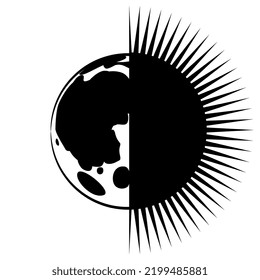 Half sun half moon. Creative concept. Black and white silhouette. Isolated vector illustration.